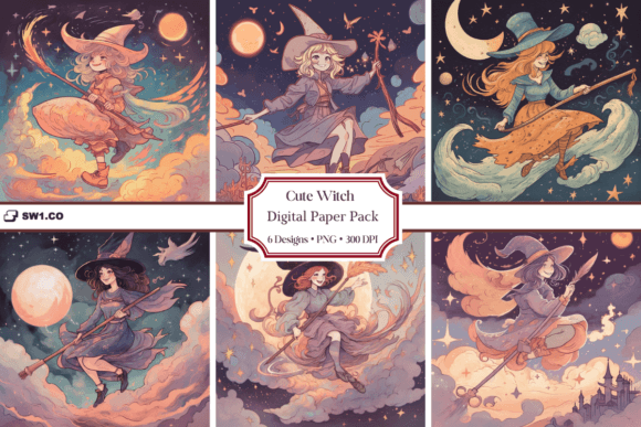 Download Cute Witch on Broomstick Backgrounds - Backgrounds Collection